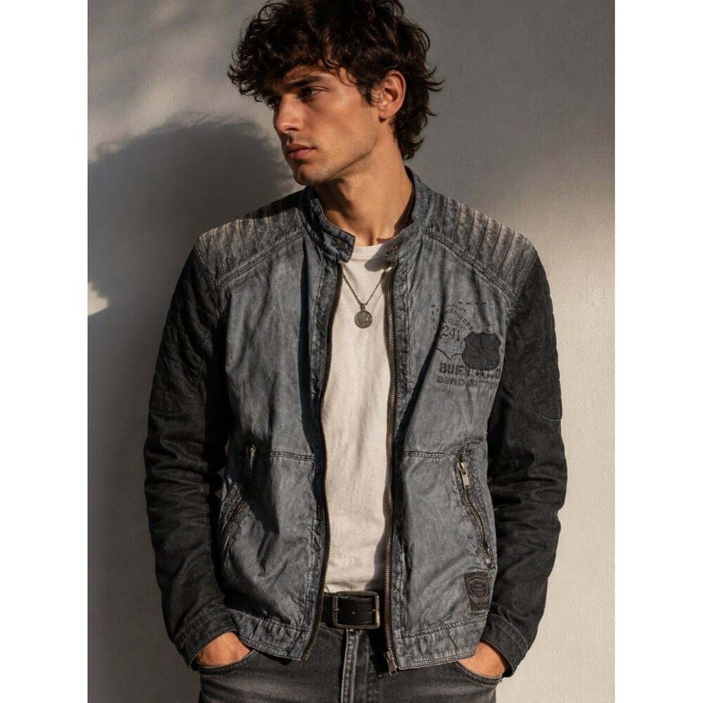 Buffalo David Bitton Moto Jacket M Gray Black Distressed Biker Y2K Grunge